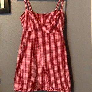 Red and white plaid dress.